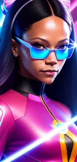 Futuristic neon hero with sunglasses in vibrant purple theme.