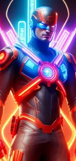 Wallpaper of a futuristic superhero in neon lights.