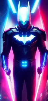 Futuristic neon superhero in a colorful city setting.