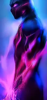 Futuristic hero with neon purple lightning on blue background.