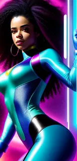 Futuristic neon heroine in dynamic pose with glowing colors.