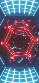 Futuristic neon hexagon design with blue and red lights.