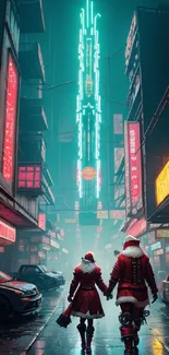 Futuristic neon city scene with holiday theme.