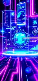 Futuristic neon hologram interface wallpaper featuring dynamic data projections.