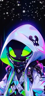 Neon hooded character with glowing eyes and a cosmic starry background.