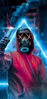 Hooded figure in neon light wearing a gas mask with vibrant red and blue hues.