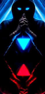 Hooded figure with blue and red neon glow.