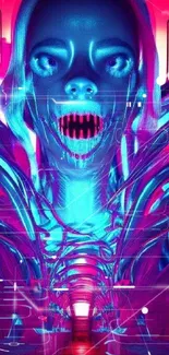 Futuristic neon horror wallpaper with cyber figure.