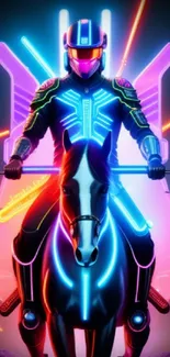 Futuristic neon rider on horseback with vibrant colors and cyberpunk elements.