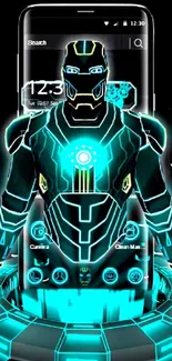 Futuristic neon iron figure wallpaper glowing with electric cyan.