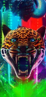 A vibrant neon jaguar with digital patterns in a futuristic mobile wallpaper.