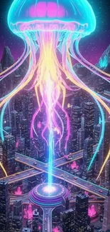 Neon jellyfish hovering over futuristic cityscape.