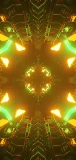 Futuristic neon kaleidoscope wallpaper in green and orange hues.