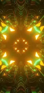 Futuristic neon kaleidoscope orange and green wallpaper.