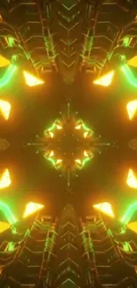 Futuristic neon kaleidoscope wallpaper with glowing orange and green colors.