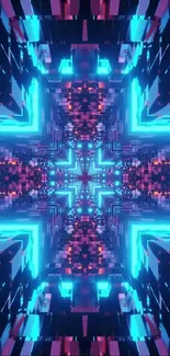 Futuristic neon kaleidoscope pattern in vivid blue and red hues.