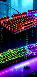 Vibrant neon-lit keyboards on futuristic design backdrop.