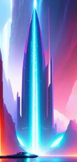 Futuristic neon landscape with glowing tower and vibrant colors between cliffs.