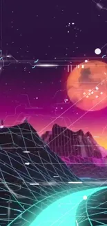 Futuristic neon landscape with abstract mountains and a vibrant sunset.