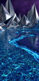 Futuristic neon landscape with crystalline structures and reflective water.