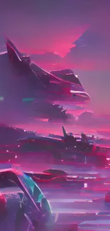 Futuristic neon landscape with vibrant pink and purple hues.