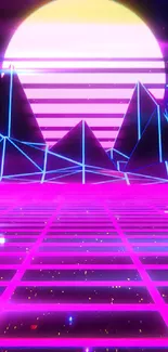 Futuristic neon landscape with glowing pink and blue geometric shapes.