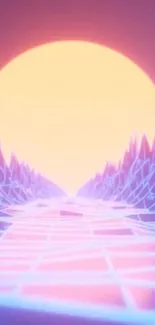 Futuristic neon landscape with glowing grid and sunset.