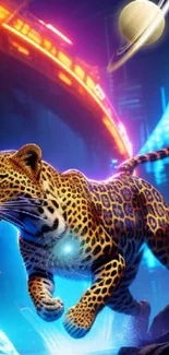 Neon leopard racing through a futuristic city with Saturn in the sky.