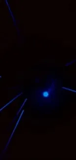 Futuristic neon light burst with dynamic blue rays on dark background.
