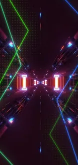 Futuristic neon light tunnel with geometric patterns on a dark background.