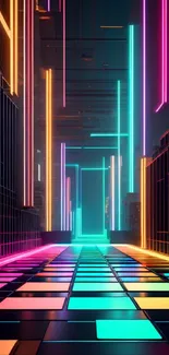 Futuristic neon city corridor with glowing lights.