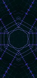 Futuristic neon lines with symmetrical design on a dark blue background.