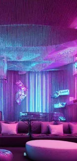 Futuristic neon lounge with pink and blue lights.