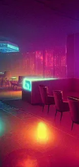 Futuristic neon lounge mobile wallpaper with glowing lights.