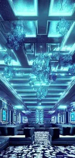 Futuristic neon-lit lounge with blue hues and intricate ceiling designs.