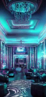 Futuristic neon lounge wallpaper with cyan and purple hues.