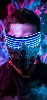 Futuristic figure with neon mask and vibrant colors on mobile wallpaper.