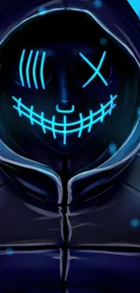 A hooded figure with a neon-emitting mask on dark background.