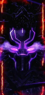 Futuristic neon mask with purple glow and fiery edges.