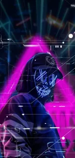 Futuristic figure with glowing neon mask in vibrant geometric background.