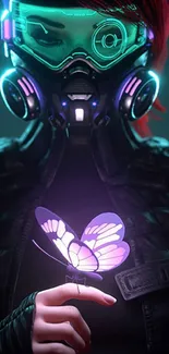 Futuristic art with neon mask and glowing butterfly.