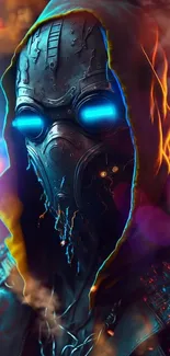 Futuristic warrior in neon mask with vibrant lights and intricate details.