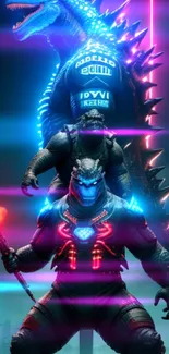 Futuristic neon-lit monsters engaged in an epic battle with vivid blue highlights.