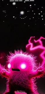 Neon pink furry monster with lightning on a dark background.