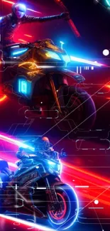 Futuristic neon motorcycles racing in a vibrant and colorful digital art.