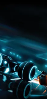 Futuristic neon motorcycles racing in digital landscape.