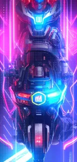 Futuristic neon-lit motorcycle artwork with a sci-fi theme.