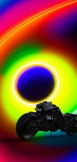 Futuristic motorcycle on neon rainbow swirl background.