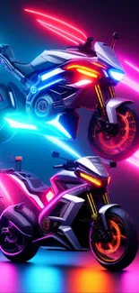 Futuristic neon motorcycles in vibrant colors with dynamic design.