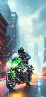 Neon green motorcycle in futuristic cityscape at night.